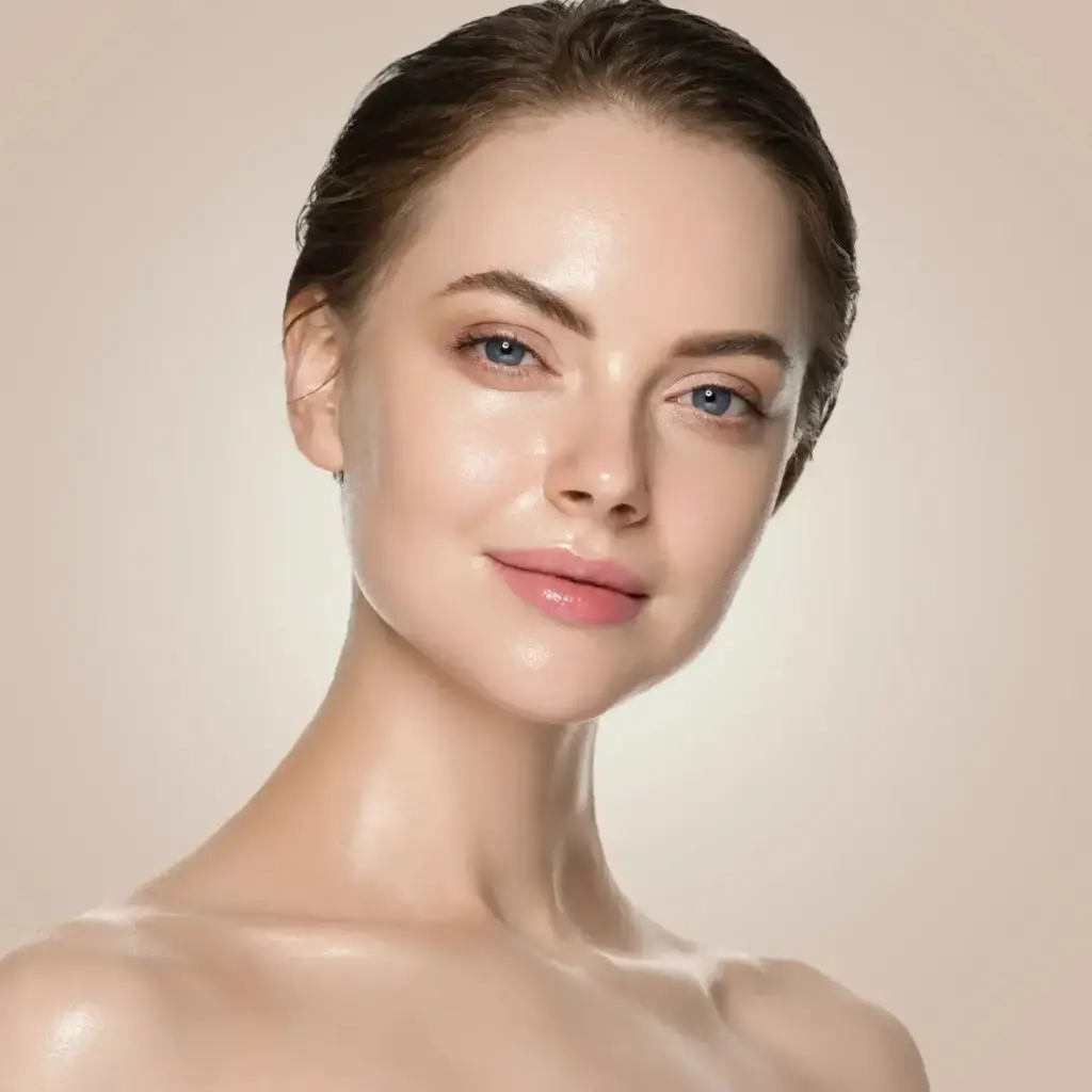 Retrato de primer plano de una mujer joven con piel limpia y efecto de bichectomía natural, mostrando un rostro más definido y pómulos sutilmente marcados.
