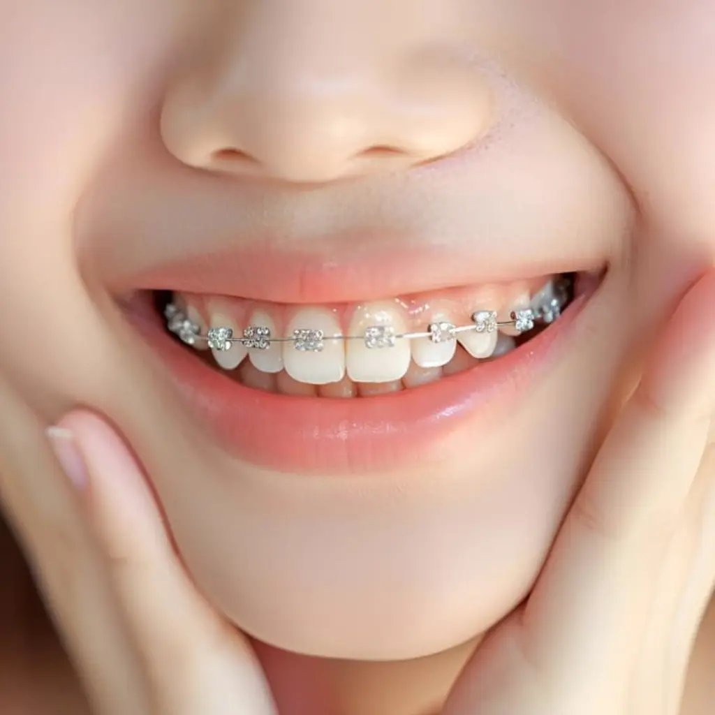 Primer plano de una sonrisa con brackets metálicos, un tratamiento de ortodoncia de la clínica Ecosalud en Santiago.