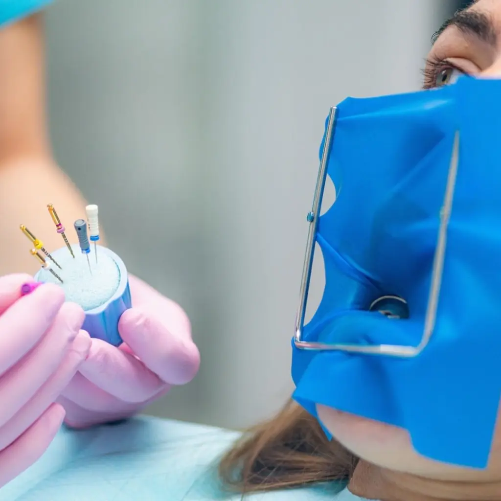 Especialista de Ecosalud explicando en una maqueta dental por qué es necesaria una endodoncia en una muela para tratar la pulpa infectada.